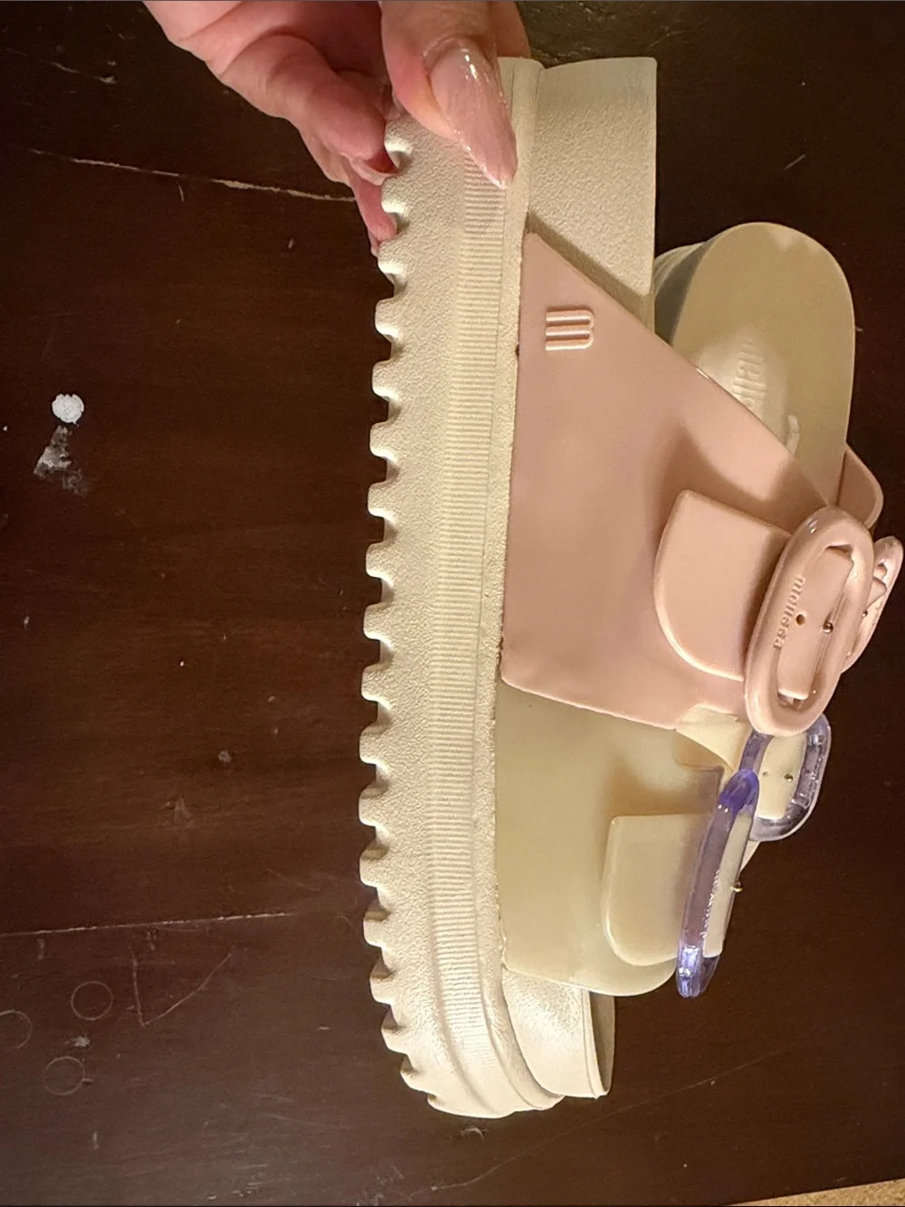 Mini Melissa Two-Buckle Slide Sandals in Pink and Cream